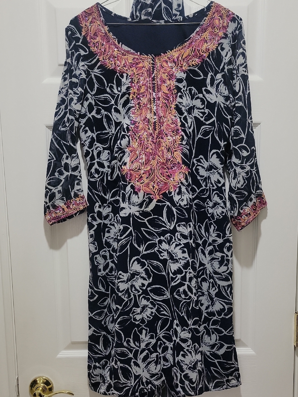 Embroidered Navy Floral Kurta Dress with Pink-Gold Accents